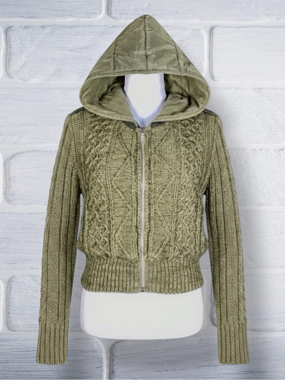 Urban Outfitters BDG Hybrid Jacket Green Cable Knit Hooded Retro Grunge Cozy M